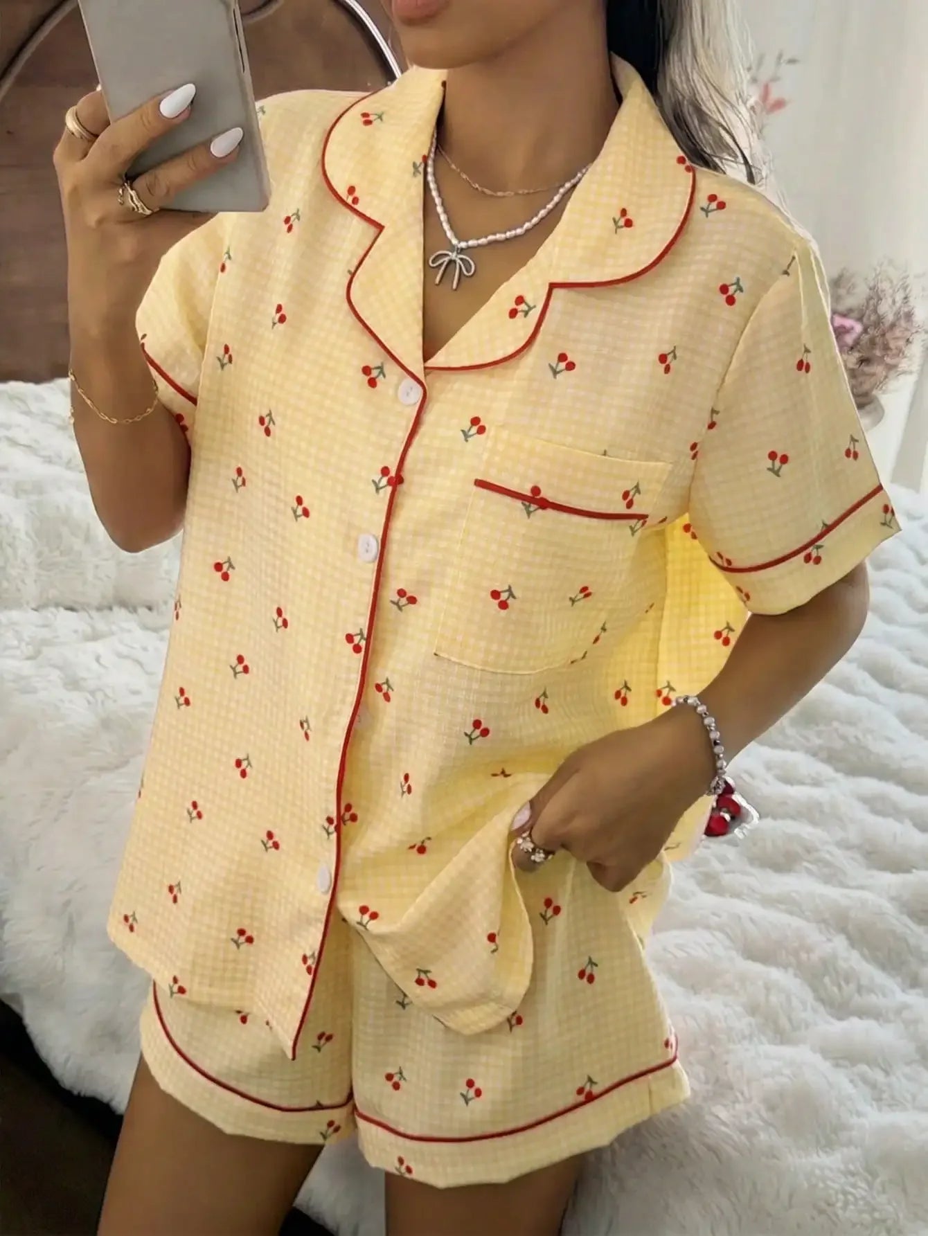 Pink Plaid Cherry Print Shirt Collar Short Sleeve & Shorts Pajama Set For Women