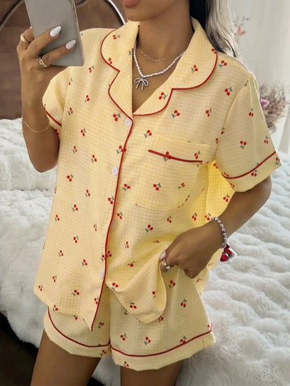 Pink Plaid Cherry Print Shirt Collar Short Sleeve & Shorts Pajama Set For Women