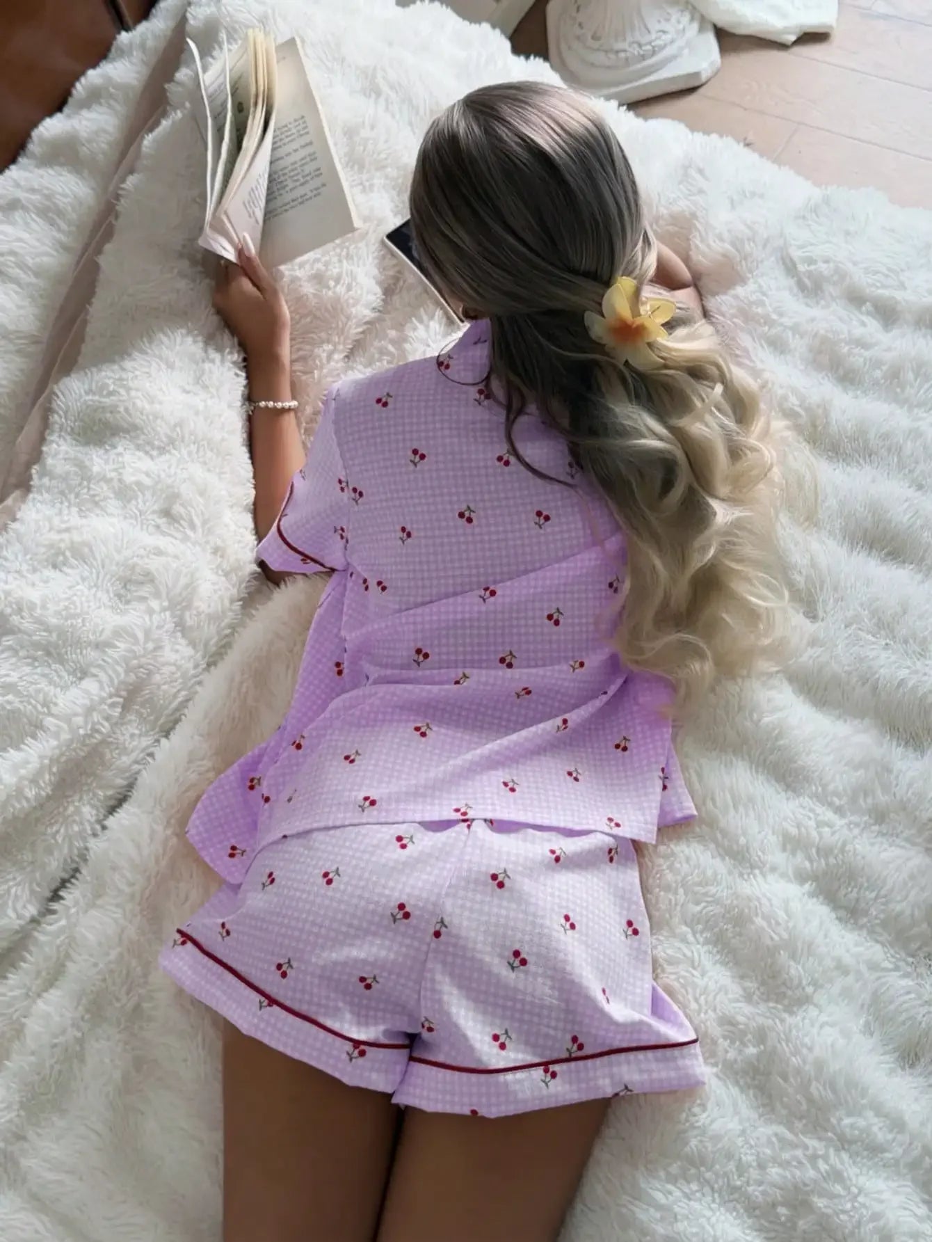 Pink Plaid Cherry Print Shirt Collar Short Sleeve & Shorts Pajama Set For Women