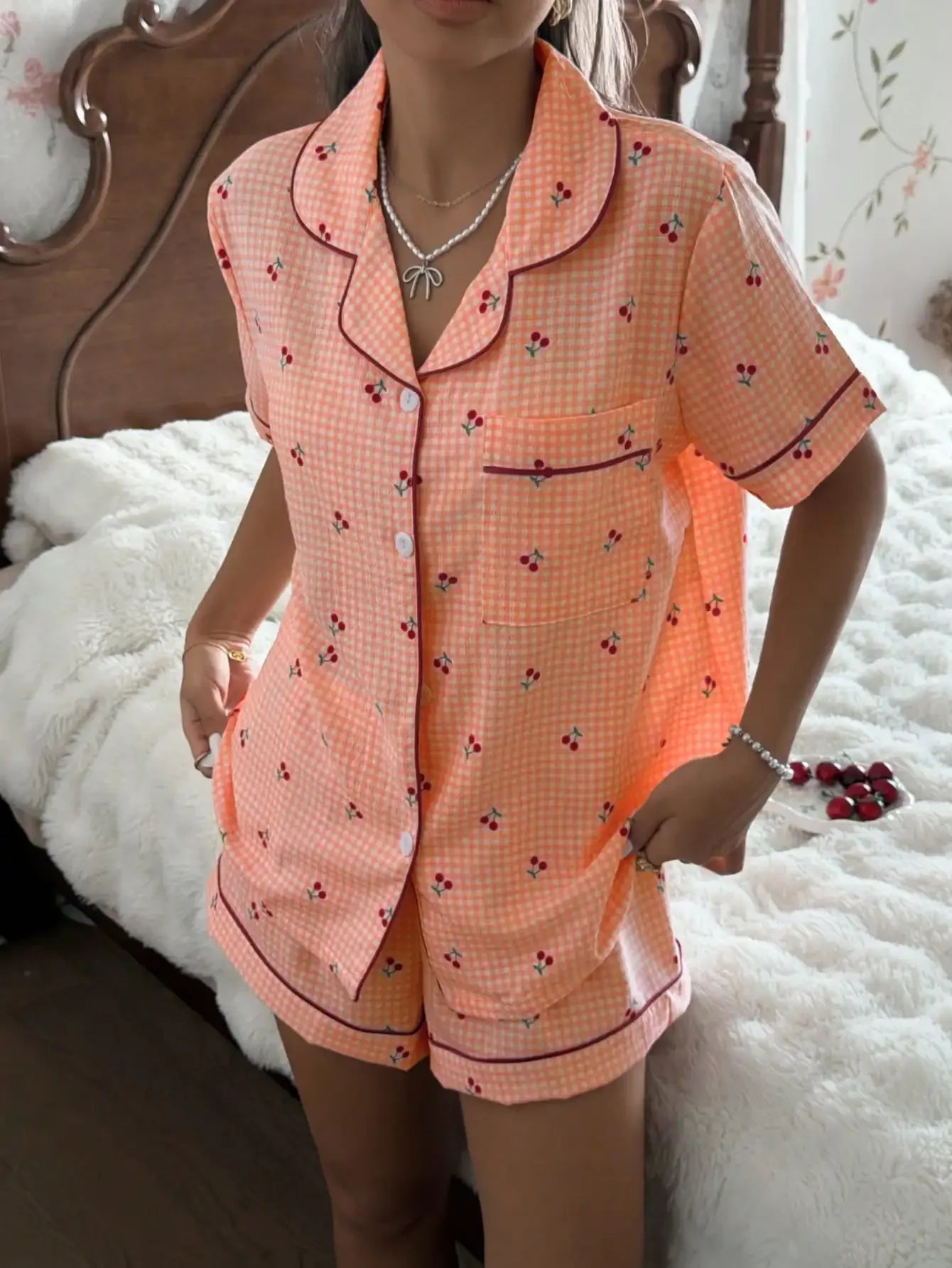 Pink Plaid Cherry Print Shirt Collar Short Sleeve & Shorts Pajama Set For Women