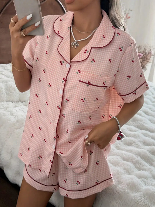 Pink Plaid Cherry Print Shirt Collar Short Sleeve & Shorts Pajama Set For Women
