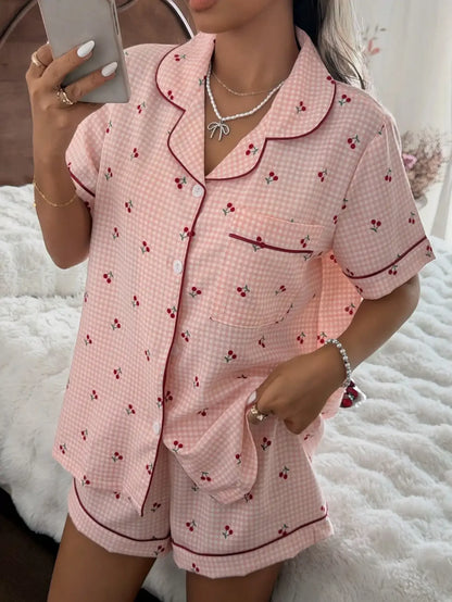Pink Plaid Cherry Print Shirt Collar Short Sleeve & Shorts Pajama Set For Women
