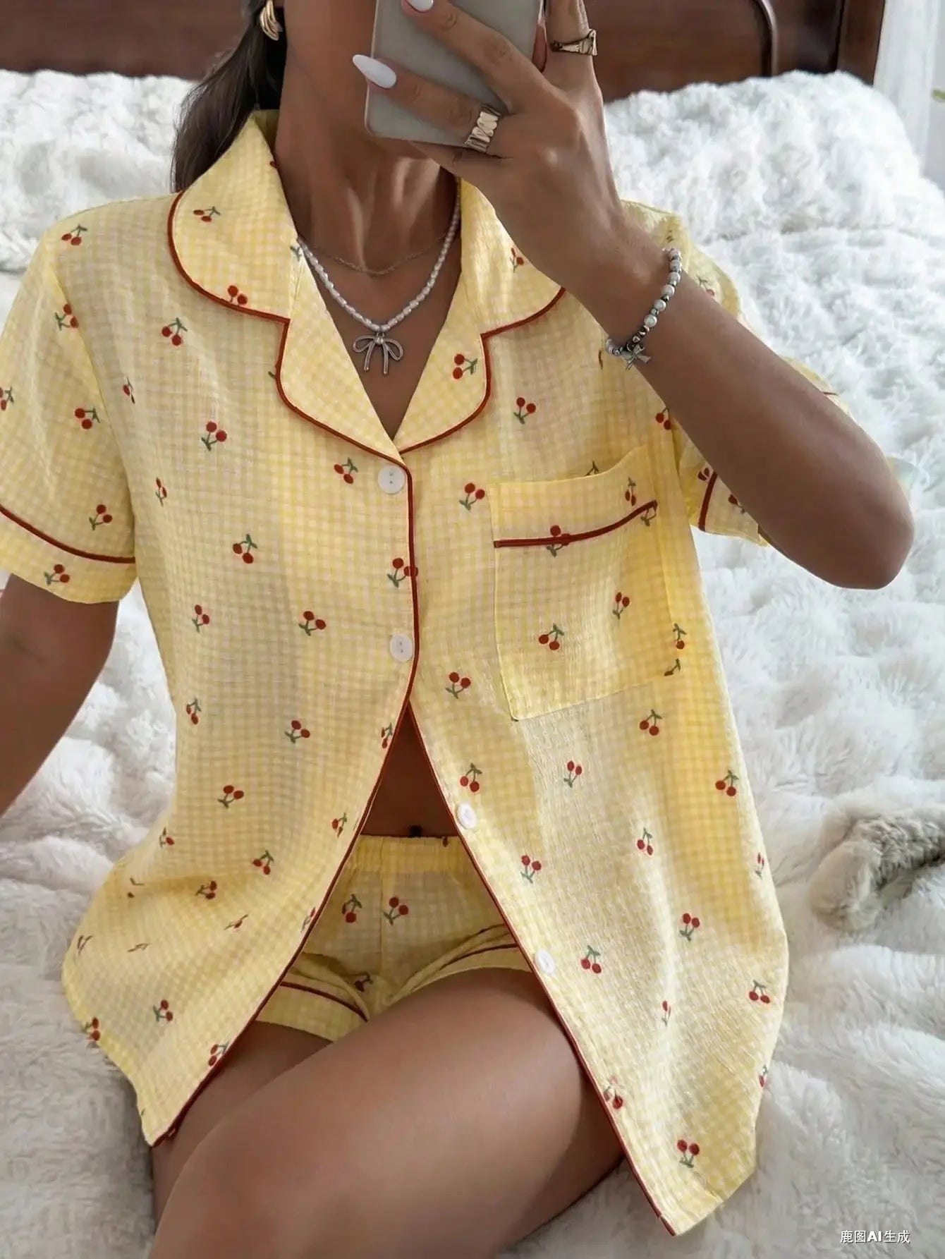 Pink Plaid Cherry Print Shirt Collar Short Sleeve & Shorts Pajama Set For Women