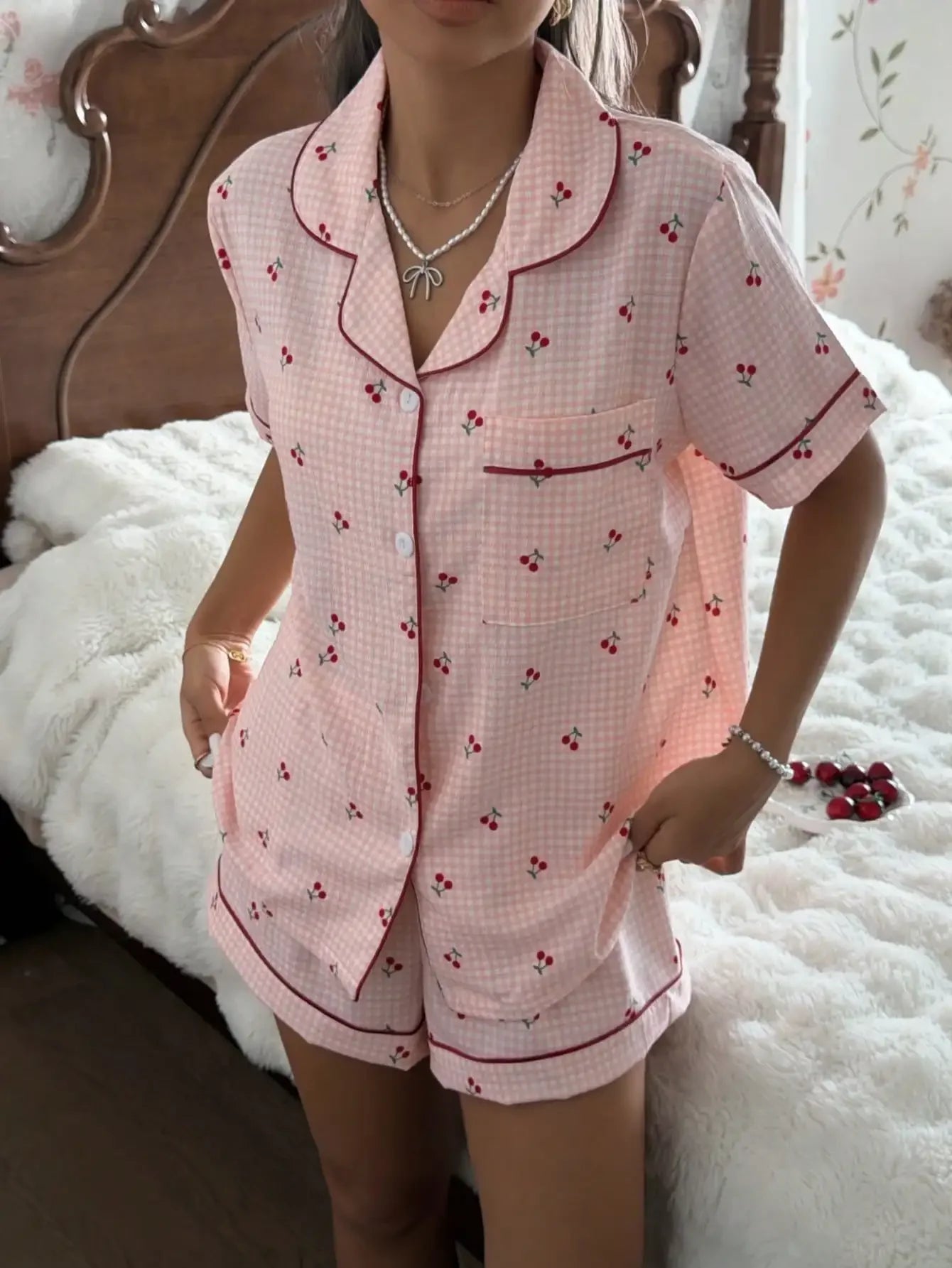 Pink Plaid Cherry Print Shirt Collar Short Sleeve & Shorts Pajama Set For Women
