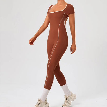 Gym Jumpsuits Women Sexy Open Back Sport Overallls Yoga Jumpsuit Workout One Pieces Suits Short Sleeve Romper Bodysuit