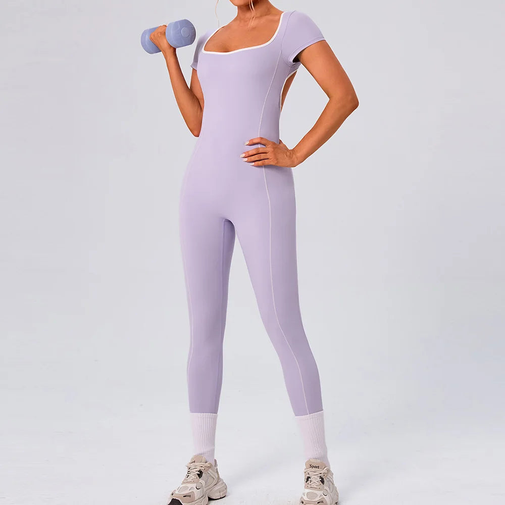 Gym Jumpsuits Women Sexy Open Back Sport Overallls Yoga Jumpsuit Workout One Pieces Suits Short Sleeve Romper Bodysuit