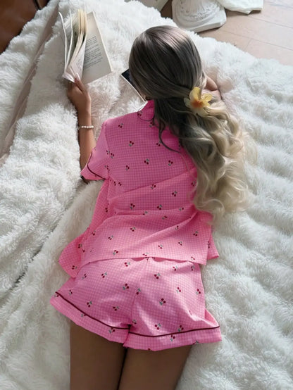 Pink Plaid Cherry Print Shirt Collar Short Sleeve & Shorts Pajama Set For Women