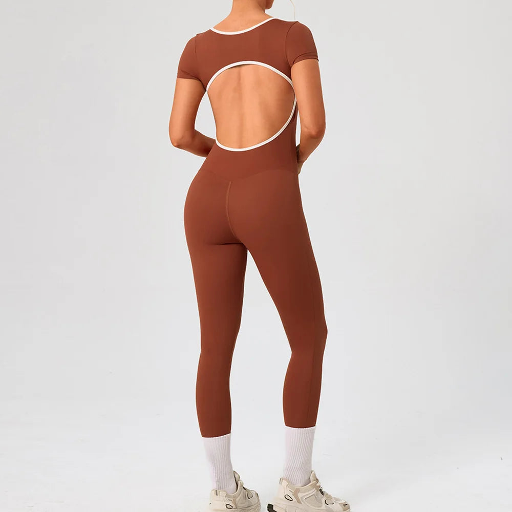 Gym Jumpsuits Women Sexy Open Back Sport Overallls Yoga Jumpsuit Workout One Pieces Suits Short Sleeve Romper Bodysuit