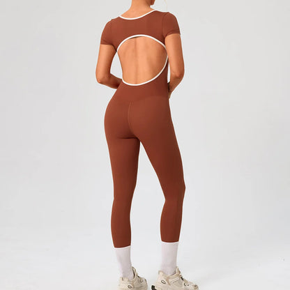 Gym Jumpsuits Women Sexy Open Back Sport Overallls Yoga Jumpsuit Workout One Pieces Suits Short Sleeve Romper Bodysuit
