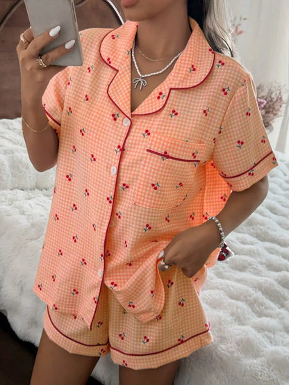 Pink Plaid Cherry Print Shirt Collar Short Sleeve & Shorts Pajama Set For Women