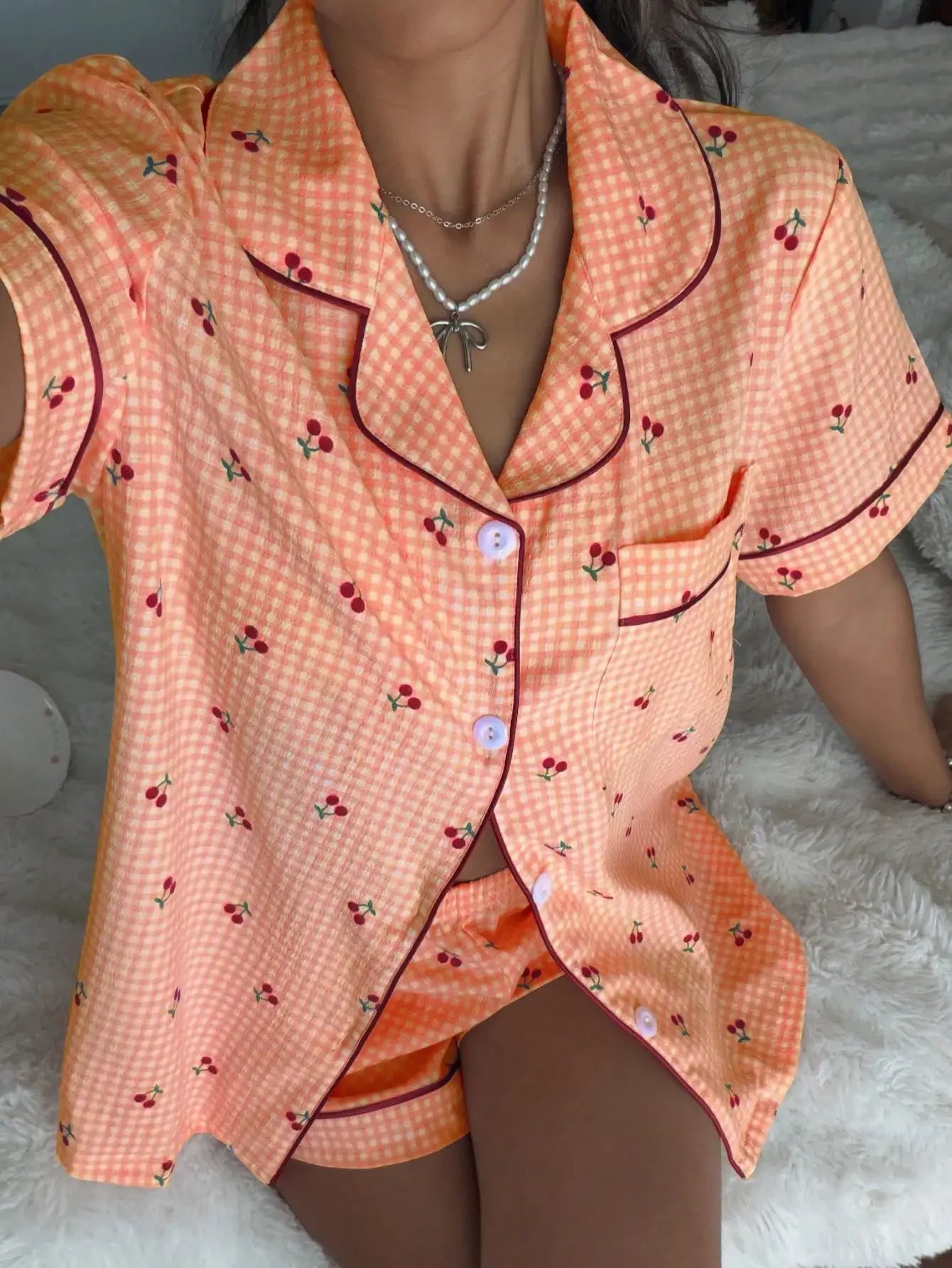 Pink Plaid Cherry Print Shirt Collar Short Sleeve & Shorts Pajama Set For Women