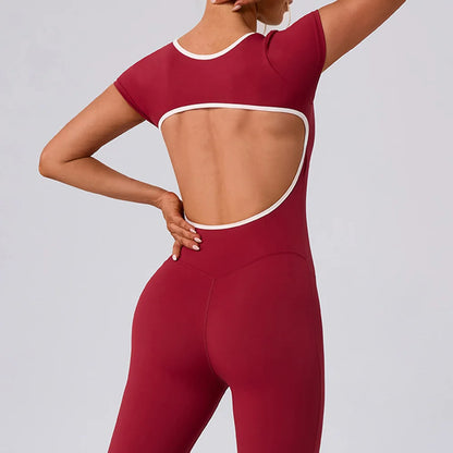 Gym Jumpsuits Women Sexy Open Back Sport Overallls Yoga Jumpsuit Workout One Pieces Suits Short Sleeve Romper Bodysuit