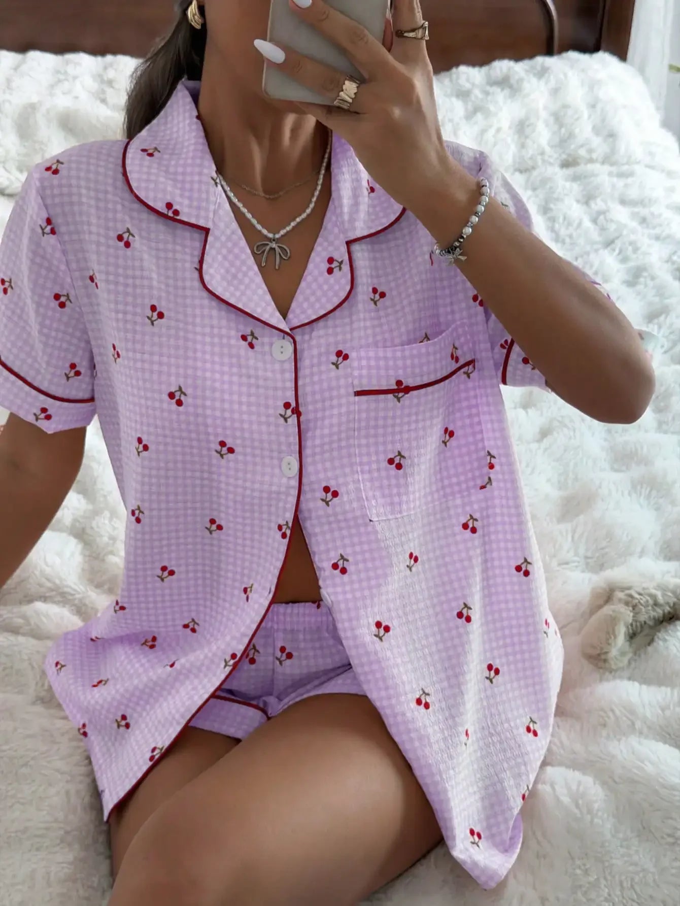 Pink Plaid Cherry Print Shirt Collar Short Sleeve & Shorts Pajama Set For Women
