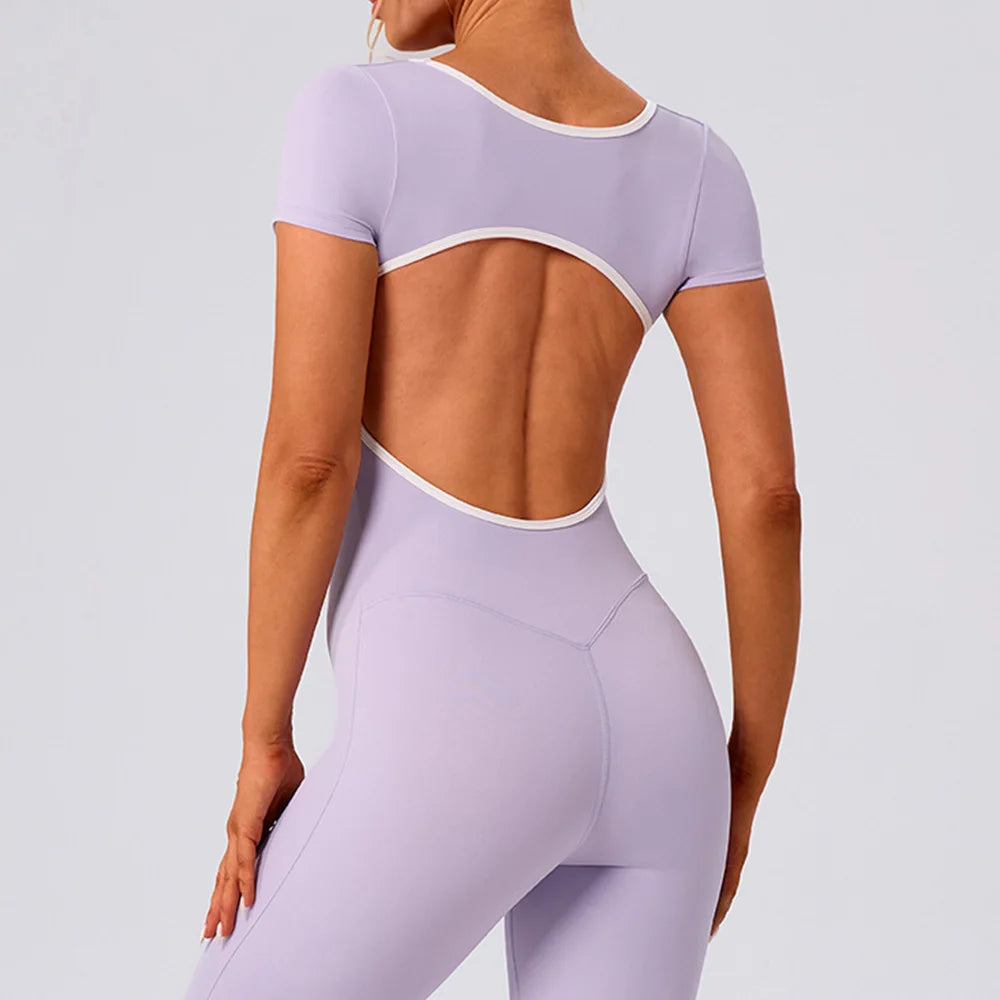 Gym Jumpsuits Women Sexy Open Back Sport Overallls Yoga Jumpsuit Workout One Pieces Suits Short Sleeve Romper Bodysuit