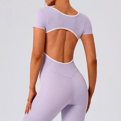 Gym Jumpsuits Women Sexy Open Back Sport Overallls Yoga Jumpsuit Workout One Pieces Suits Short Sleeve Romper Bodysuit