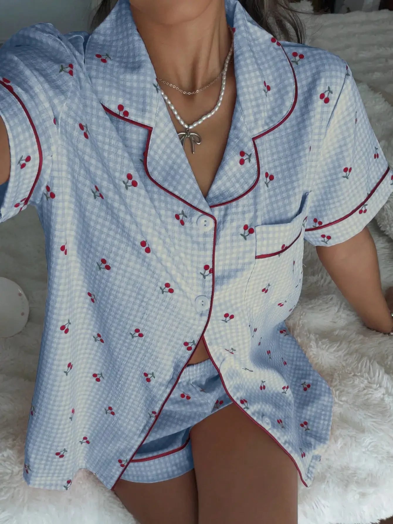 Pink Plaid Cherry Print Shirt Collar Short Sleeve & Shorts Pajama Set For Women
