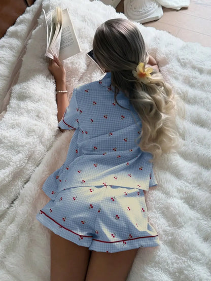 Pink Plaid Cherry Print Shirt Collar Short Sleeve & Shorts Pajama Set For Women