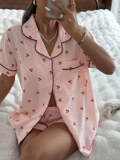 Pink Plaid Cherry Print Shirt Collar Short Sleeve & Shorts Pajama Set For Women