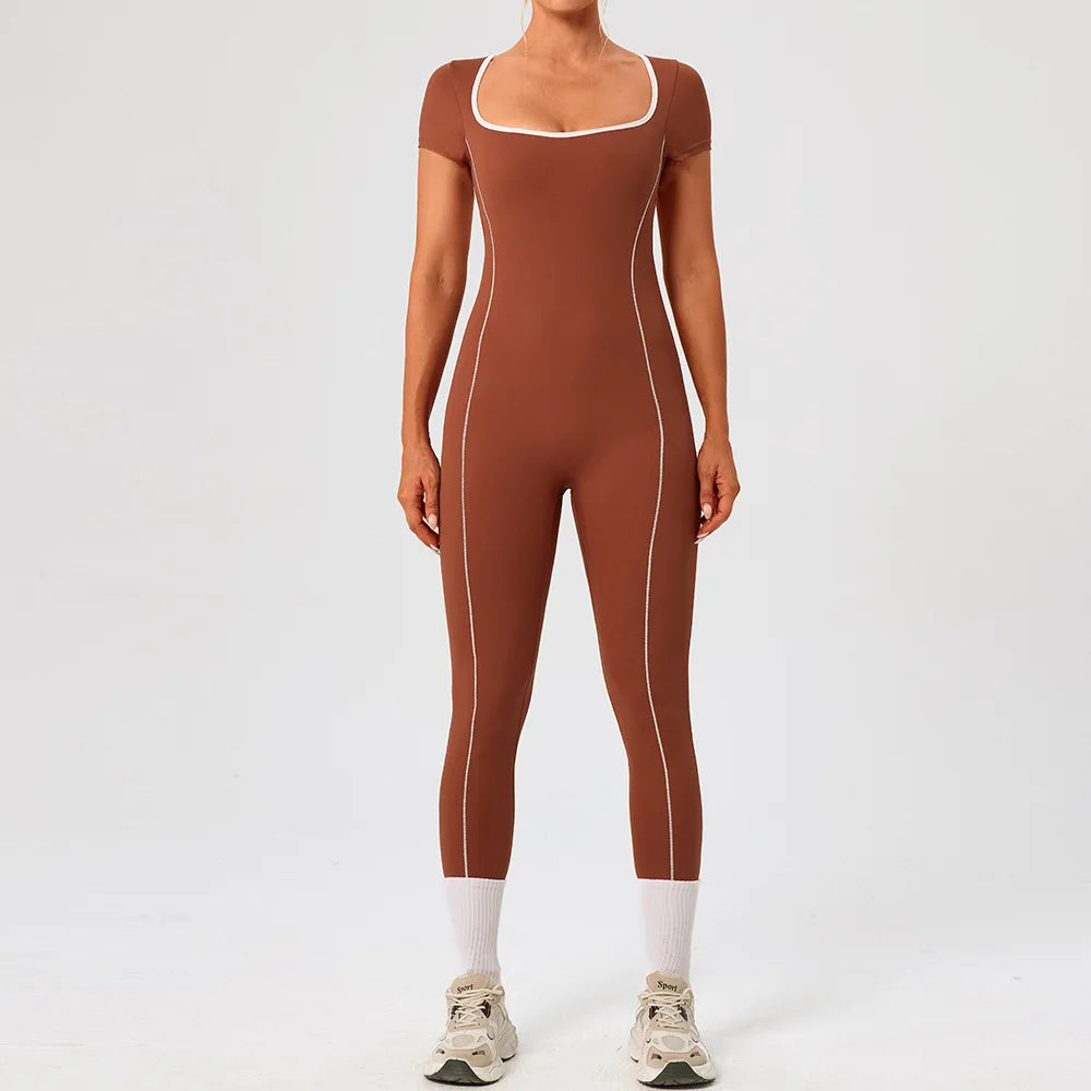 Gym Jumpsuits Women Sexy Open Back Sport Overallls Yoga Jumpsuit Workout One Pieces Suits Short Sleeve Romper Bodysuit